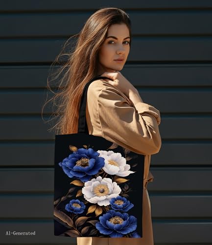 Aesthetic Floral Canvas Tote Bag - Reusable Shoulder Tote Bag for Women Lady Casual Vacation, Shopping, Work, Gym - color: Dark Floral_01