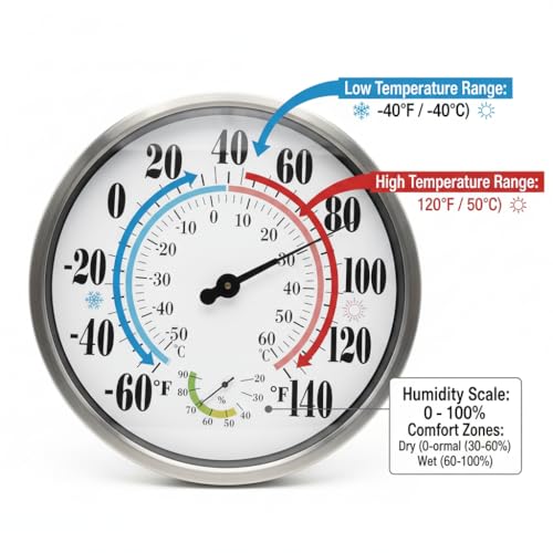 [QTengCX] 12 Inch Large Waterproof Outdoor Thermometer, Metal Wall Indoor Outdoor Analog Thermometer with Hygrometer Gauge for Patio, House, Garage, Garden - No Battery Needed