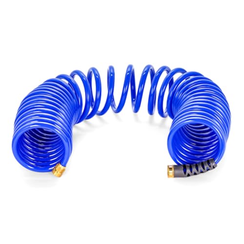 Camco 40' Self Coiling Water Hose with Brass Fittings and 0.5" Interior Diameter for Marine Use, Cleaning, Car Washing and Gardening, Blue - style: 40' Coiled Water Hose