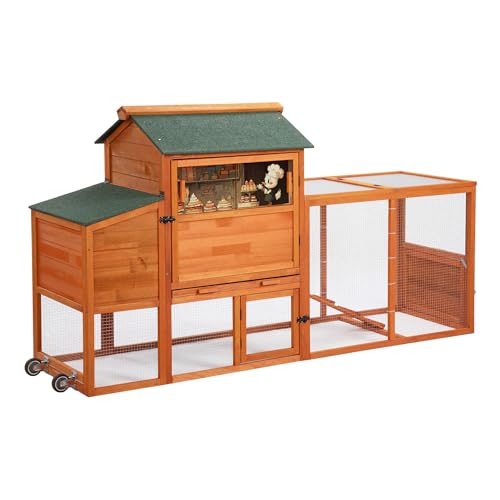 COZIWOW 82" Large Wooden Chicken Coop Mobile Rabbit Hutch with Wheel,Orange | Weatherproof asphalt roof & sunshine board, Anti-slip ramp, Pull-out tray, Hen house with 5 openable doors, Indoor Bunny Cage - color: Orange with Pattern