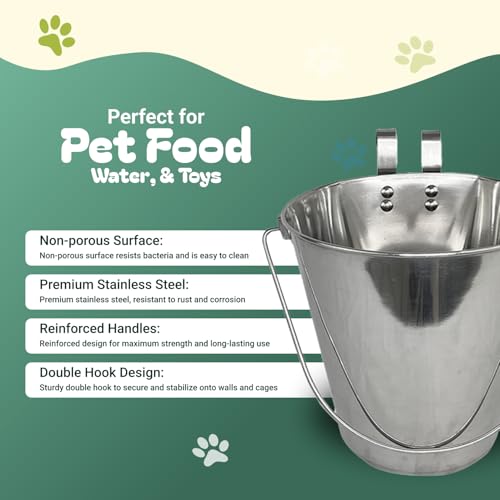 Advance Pet Products 6 Quart Stainless Steel Bucket with Dual Hook | Perfectly Fits on Kennels, Cages and Critter Crates | Heavy Duty Bucket for Pets Cleaning & Food Prep - Flat Sided Pail - size: 6 Quart - Hooked