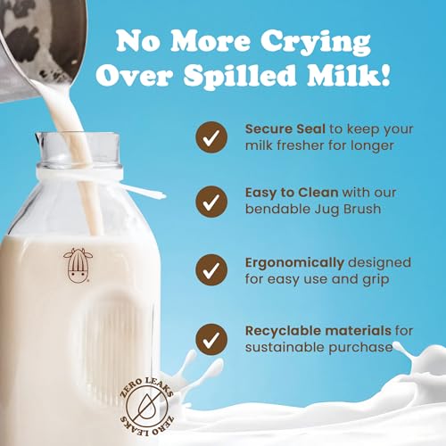 Almond Cow - Glass Pitcher with Lid and Spout, Glass Bottle Milk Container for Refrigerator, Clear Milk Jar Bottles, Food-Grade Liquid Container - 60 fl oz Capacity, 5 x 4 x 10 Inches