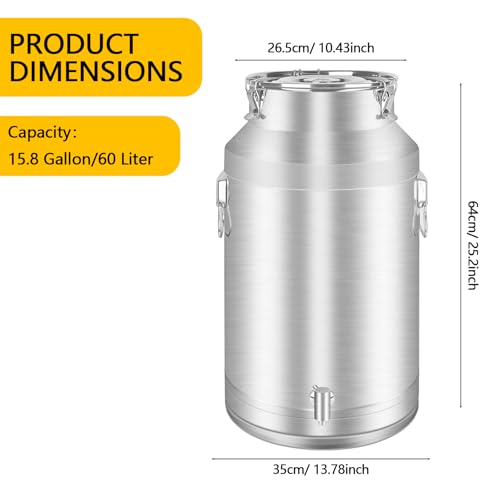304 Stainless Steel 60 Liter Milk Can Milk Bucket Wine Pail Bucket with Spigot 15.85 Gallon Milk Can Tote Jug with Sealed Lid Heavy Duty for Milk and Wine (60L) - size: 60L