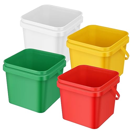 4 Pcs Plastic Bucket 5 Quart Square Cleaning Bucket Utility Small Pail with Handle for House Cleaning Storage Livestock Feeding Car Washing (Red,Yellow,White,Green) - color: Red, Yellow, White, Green