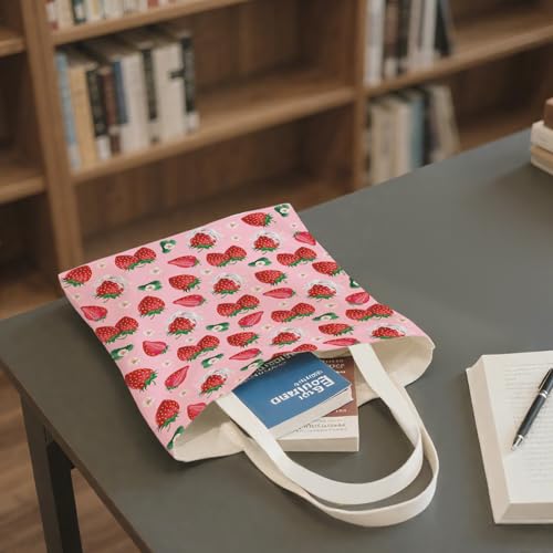 Aesthetic Canvas Tote Bag for Women - with Magnetic Snap Closure & Zipper Inner Pocket Reusable Totes Bag - color: Strawberry3
