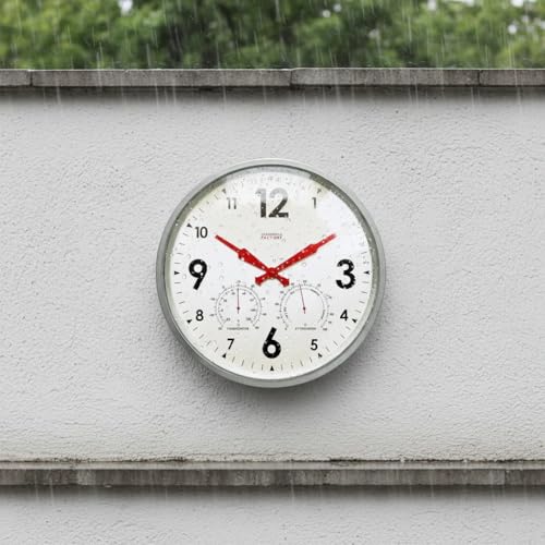 Cloudnola Indoor Outdoor Waterproof Metal Wall Clock with Thermometer and Hygrometer, Zinc Gray, 12 inch Silent Non-Ticking Battery Operated Quality Quartz Round Clock for Patio and Home Decor