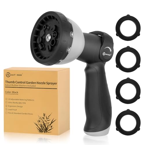 AUTOMAN Garden Hose Nozzle - 10 Adjustable Spray Patterns, Thumb Flow Control Hose Sprayer, Water Hose Spray Nozzle for Plants Watering, Car Washing, Window Cleaning, Pets Bathing, Outdoor Fun, Black - color: Black