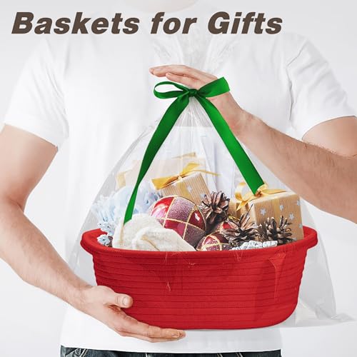 Pro Goleem Small Woven Basket with Gift Bags and Ribbons Durable Baskets for Gifts Empty Small Rope Basket for Storage 12"X 8" X 5" Baby Toy Basket with Handles, Red - color: red