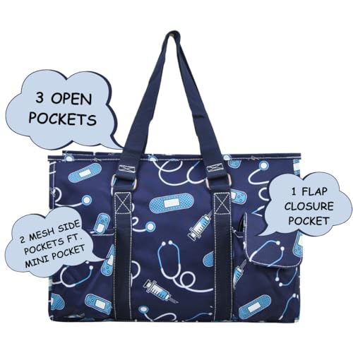 NGIL Utility Water Resistant Tote Bag | Work Tote for Women, Nurse Bag, Teacher's Choice Purse, Gym Bag, Everyday Organizer Top Zipper Closure - color: Blue Nurse-navy