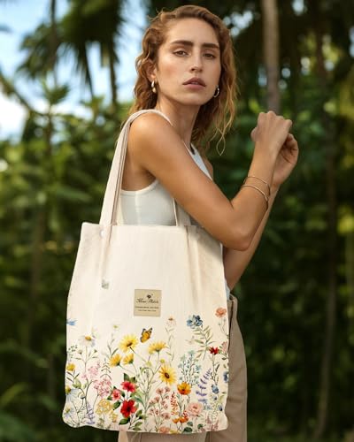 Miss Adola Corduroy Tote Bag for Women with Aesthetic Design | Magnetic Buckle & Pocket, Reusable, Soft, Roomy, Long Shoulder Handles, Double-sided Print, Casual Daily Work, Grocery Bags - color: New Vintage Flower, size: Large