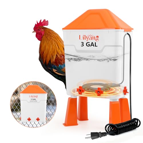 Lilyang Heated Chicken Waterer 3 Gallon, 250W Thermostat Control | Submersible Heat Plate, Chicken Water Heater With Nipples, Freeze-Proof Poultry Drinker for Winter, No-Tools Assembly