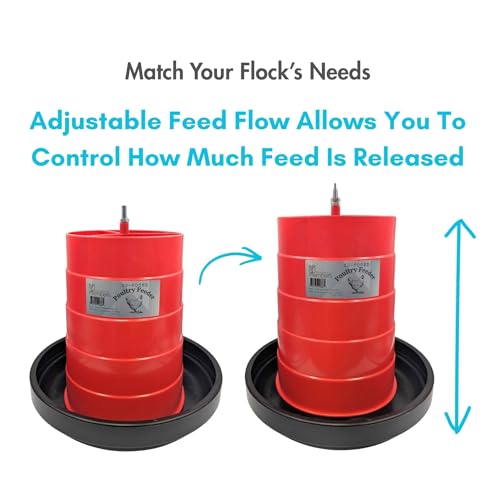 30 lb Poultry Feeder with Adjustable Flow Control, Anti-Scratch Lip to Reduce Waste, Metal Hanging Rod - Large Capacity Chicken Feeder for Backyard Flocks, Weather-Resistant