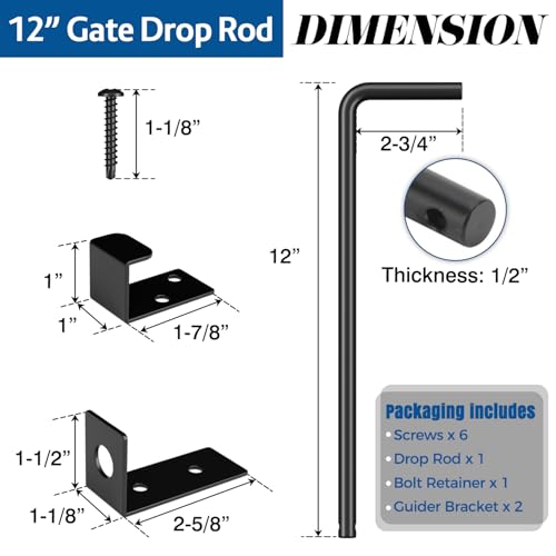 Heavy Duty Cane Bolt Gate Drop Rod, 12" Black Gate Latches Hardware for Wood Fence/Metal/Vinyl/Double Gates, Outdoor Gate Ground Latch Drop Rod with Mounting Screws, 1 Pack - size: 12 Inch