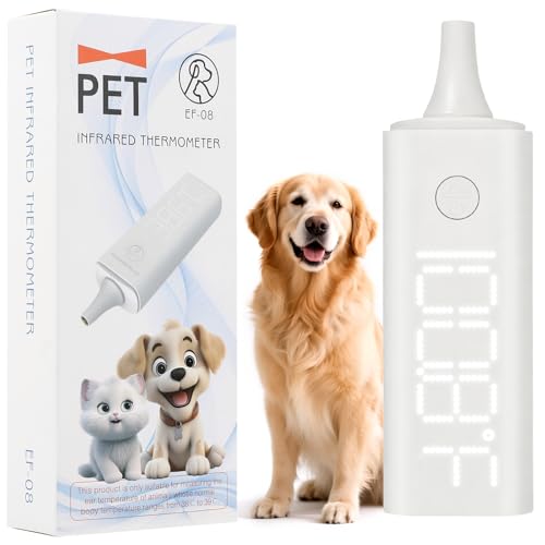 Digital Ear Pet Thermometer for Dogs and Cats, 1 Second Non-Contact, Rechargeable, LED Display, Fever Detection, Accurate Canine and Feline Temperature Reading