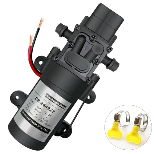 DC 12V Diaphragm Pump, Self-Priming Sprayer Pump, 1.2 GPM 87 PSI Pressure Switch Adjustable water pump, With 2 hose clamps, for RV Camping Shower Garden Irrigation