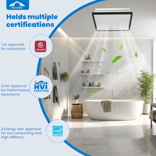 Tech Drive Bathroom Fan with Light And Night Light,80 CFM,4 Inch Duct | 1000lm Dimmable 5CCT LED Light, HVI and Energy Star Certified, Decorative Black Trim, Easy to Install - size: 80CFM with 3CCT Light (Black)