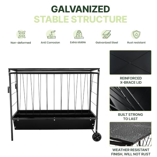 Large Hay Feeder for Goats with Roof, Wheels and Handles, Covered 2-in-1 Galvanized Steel Goat Hay Feeder Trough, 50 Gallon Rack and 20 Gallon Grain for Horse Sheep Cattle Alpacas Livestock