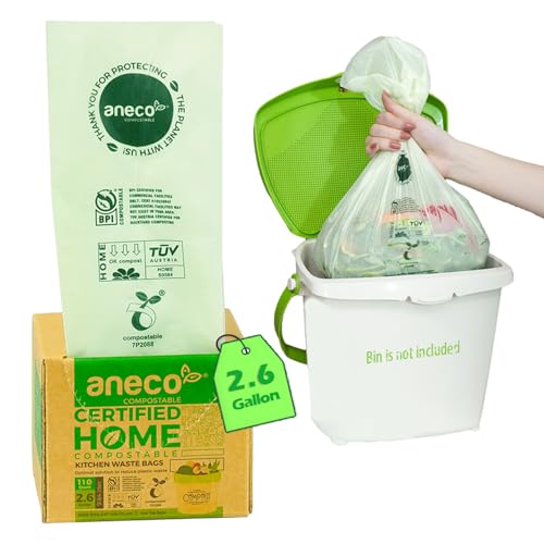 (Include 10 Bonus Bags) ANECO 100% Compostable Waste Bags 2.6 Gallon | Extra Thick Kitchen Small Compost Bags for Countertop Bin, 110 Count (100 + 10 Extra) - color: 2.6 GAL (Flat Top Bags, 100 Count)