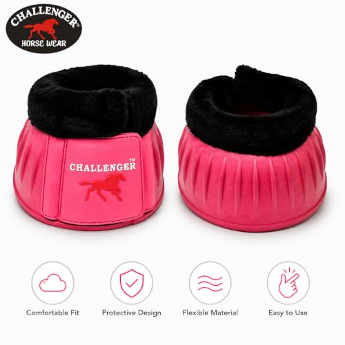 CHALLENGER Horse Training Ribbed Rubber Hoof Impact Overreach Protection Fleece Lined Bell Boots 41HI01 - color: Pink, size: Medium