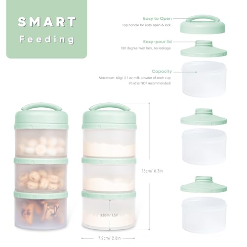Termichy Stackable Formula Dispenser Portable: Milk Powder Container to go | Separated Compartments Premeasure Storage - Mess-Free Funnel Spout for No-Spill Pouring - for Home or Travel Use - color: Light Green