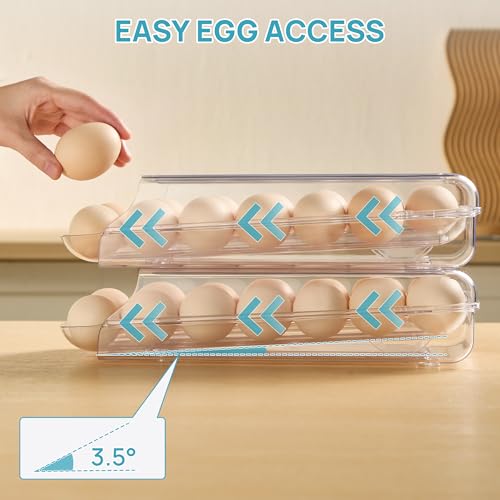 Vtopmart 2 Pack Egg Holder for Fridge, Automatic Rolling Egg Container | Stackable Clear 14-Count Eggs Organizer with Removable Inner Tray, Egg Storage for Refrigerator, Space Saving