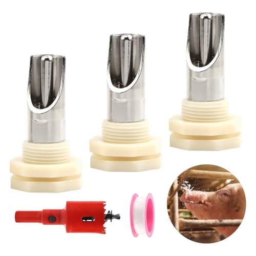Pig Nipple Waterer for Barrel Kits, 3pcs Stainless Steel Automatic Pig Drinker Feeder Water Tank Connector with 1 Hole Opener & PTFE Tapes, Watering Systems Kit for Pig/Goats/Swine/Piglets/Drinking