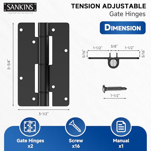 5-3/4" Adjustable Self Closing Aluminum Gate Hinges, Heavy Duty Gate Hinges for Metal Gates, Non-Legged Door Hinges Fence Gate Hinge for Pool Gate, Aluminum Gate, 2pcs, Black