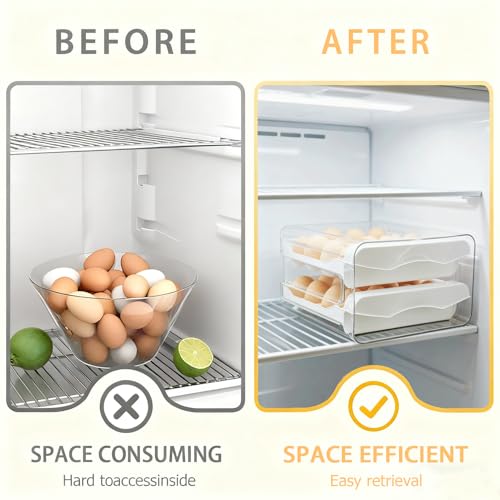 2 Tier 32 Egg Holder for Fridge Egg Organizer Clear Egg Tray | Eggs Storage with Drawer,Eggs Container with Handles,Space Saving,Countertop Kitchen Baking