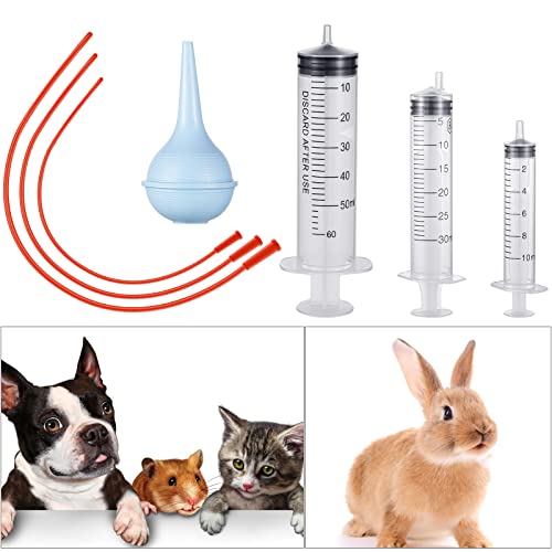 7 Pack Tube Feeding Kit, 8 FR Tubes & Syringes for Puppy Lamb Kitten | Whelping Newborn Care, Bulb Syringe Included, Goat Kid Foal Piglet Compatible, 10ml 30ml 60ml Syringes