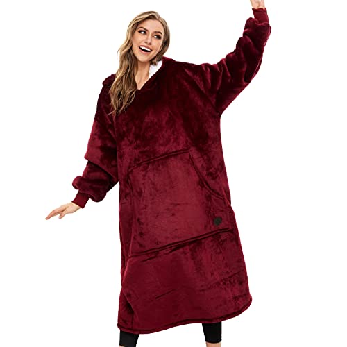 THREE POODLE Wearable Blanket Hoodie, Oversized Sherpa Sweatshirt Blanket for Adults Women Men, Warm Cozy Hooded Blanket, Gifts for Mom Girlfriend - color: Burgundy, size: Adult-Extra Long