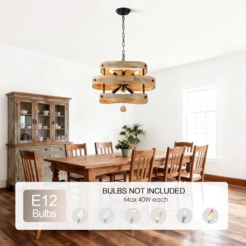 20" Farmhouse Chandelier for Dining Room Light Fixture, 6 Light | Wooden Drum Rustic Chandelier, French Country Pendant Light Over Table for Living Room Foyer Kitchen Island, 6 E12 Sockets - color: 20" Layered