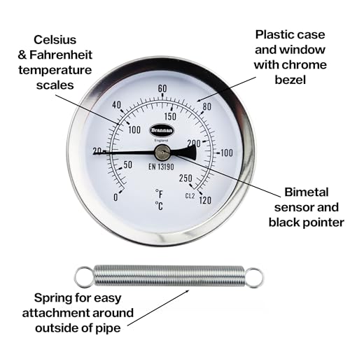 Brannan Clip on Pipe Clamp HVAC Thermometer - Clip on Thermometer Pipe Temperature Gauge for Measuring Temperatures of HVAC Hot Water Pipes and Radiators