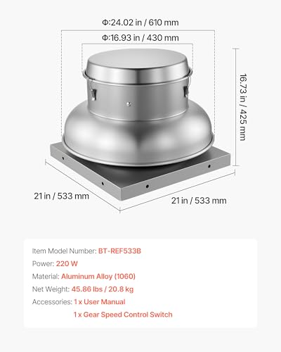 VEVOR Roof Exhaust Fan, 900CFM & 1500CFM Adjustable Speed Control Attic Vent Fan with High-Power Motor, 21inch Fan Base Heavy-Duty Aluminum Alloy, Compact for Garage,Kitchen,Bathroom,Silver | Compact Cooling & Ventilation for Garage, Kitchen, Bathroom, Hi