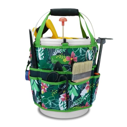 KUNN Bucket Tool Organizer 5 Gallon 18-Pocket Gardening Tool Bag with Hangable Handle | Garden Caddy & Bucket Accessory, Green - color: Green Leaf