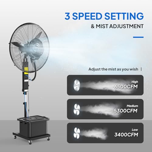 ROVSUN Max 6500CFM Misting Fan, 26Inch High Velocity Industrial Mister with 42L/11Gal Water Tank, 3 Speed Settings & Ajustable Mist Value, 60° Oscillation, For Outdoor Cooling, Patio, Barn, Greenhouse - size: 26inch