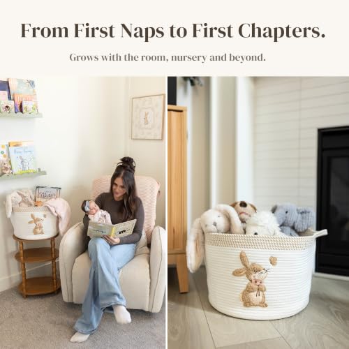 Bunny Baby Storage Basket, Woven Cotton Rope Nursery Bin, 15x11 in | Stuffed Animal and Blanket Storage, Embroidered Bunny Patch, Neutral Nursery Decor, Baby Shower, Playroom Organizer - color: Bunny