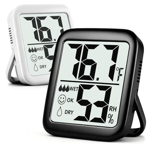 Antonki 2 Pack Room Thermometer Indoor Hygrometer | Monitor Temperature & Humidity, Accurate, Fast Read, Easy To View, Magnetic/Kickstand/Hanging, ℉/℃, w/ Battery, Compact - color: 2 Pcs* Black & White