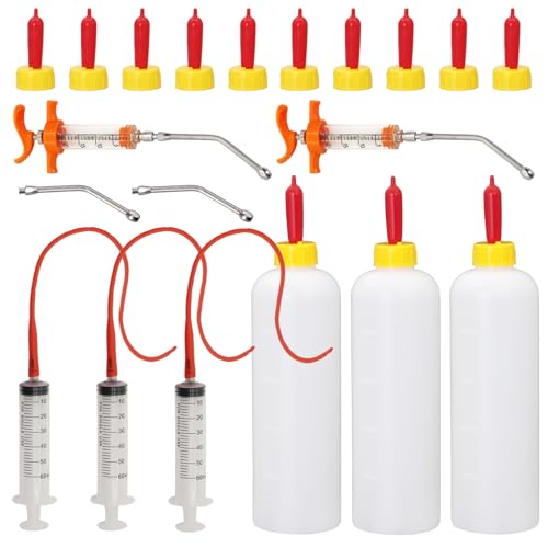 14PCS Lamb and Goat Kid Feeding Tube Kit Included 2 500ml Lamb Feeding Bottles 5 Milk Nipples 2 60ml Syringe with 2 16fr Red Feeding Tube Kit,1 20ML Reusable Goat Syringe with 2 Drench Nozzle (25)