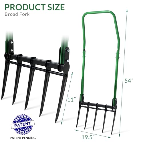 BroadFork Garden Tool, Heavy Duty 5-Tine Broad Fork Hand Tiller, Garden Pitchfork with Ergonomic U-Shaped Handle, Digging Fork for Gardening, Cultivating