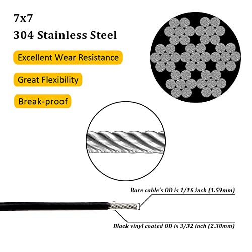 Vinyl Coated Wire Rope 304 Stainless Steel Coated Wire Cable-Black, 1/16" OD to 3/32" x 200FT, with 60 Pcs Crimping Sleeves-Cable for String Lights, Suitable for Clotheslines - size: 200FT