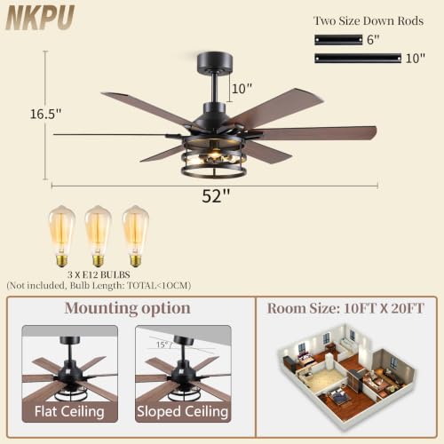 NKPU 52 Inch Farmhouse Ceiling Fan with Light and Remote, Brown Industrial Caged Rustic Ceiling Fan with 6 Speed - color: walnut
