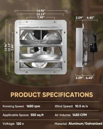 FOHERE 12 Inch Shutter Exhaust Fan Wall Mounted, High Speed 1450CFM, Aluminum with 1.65M Power Cord & Quiet Air Circulation, Vent Fan for Greenhouse, Attic, Shed, Garage, Shop, Commercial Use - size: 12 Inch