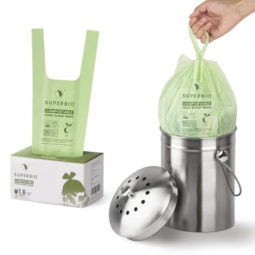 SUPERBIO 1.6 Gallon Compostable Food Scrap Bags For Counter Top Bin | Handle Tie, 50 Count, 6 Liter, BPI & OK compost HOME Certified - color: 1.6 Gallon Handle Tie, 50 Count