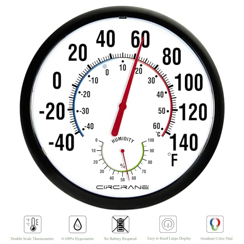 Circrane 13.25 Inch Round Thermometer with Hygrometer, Large Indoor Wall Patio Bimetal Weather Thermometer, No Battery Required, Black - color: Black