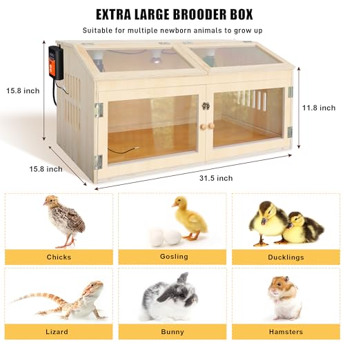 Intelligent Chicken Brooder Box for Chick with Smart Thermostat 32" Wide | Large Wooden Chick Brooder Box with Heating Lamps, Sliding Drawers & Door Handle for Hamster Chicks Duck Indoor Outdoor