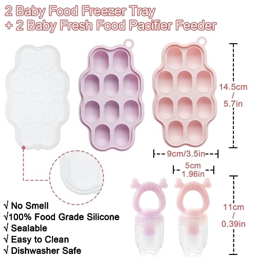 Breastmilk Popsicle Molds & Baby Fruit Feeder Teether (2 Set) | Teething Gum Relief, Freezer Tray with Lid, for Pureed Vegetables, BPA Free Silicone, Safe Self-feeding, Easy Fill, 4 Month+ - color: Pink / Purple