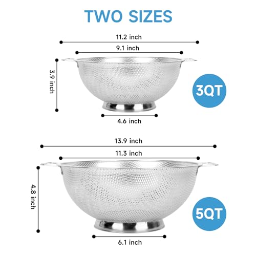 2PCS Colander for Kitchen, 3QT and 5QT, Stainless Steel Colander Strainer with Handle for Fruits Vegetables Cooking Food, Dishwasher Safe - size: 3QT+5QT