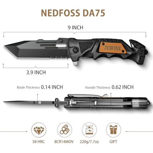 NedFoss Pocket Folding Knife DA75, 3 in 1 Pocket Knife Gifts for Men Women, Survival Knife with Liner-Lock Belt Clip, Seat Belt Cutter, Glass Breaker, Hunting knife for Camping Hiking (Black-Standard Tanto Edge, 3.9“Tanto Edge) - color: Black-Standard Tan