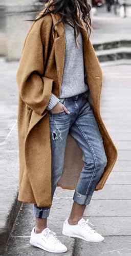 Women's Notch Lapel Single Breasted Pea Coat | Premium Wool Blend, Oversized Long Casual Overcoat with Pockets, Fall and Winter - color: Khaki, size: Small