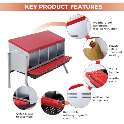 Garvee 4-Hole Roll Away Egg Collection Chicken Nesting Box | Galvanized Steel Nest Box for Laying Eggs - color: Red, size: 4 holes with legs